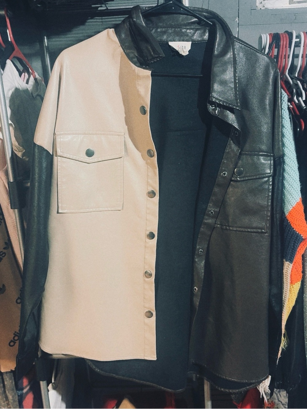 BiBi Two-Tone Beige and Black Faux Leather Shirt Jacket